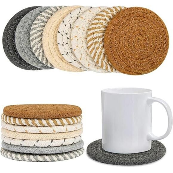 Handmade Cotton Coasters Set of 8 Woven Absorbent Drink Cup Mats Boho Home Decor - Picture 8 of 8